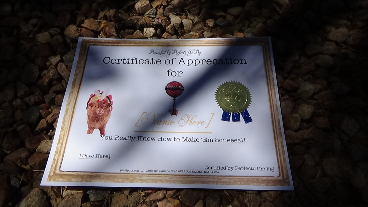 Perfecto the Pig Certificate