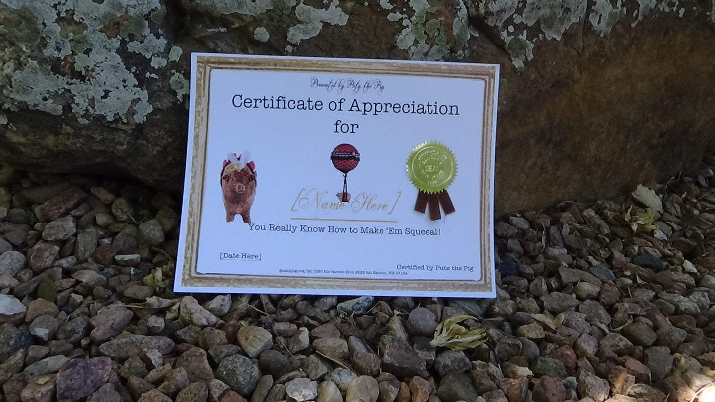 Putz the Pig Certificate